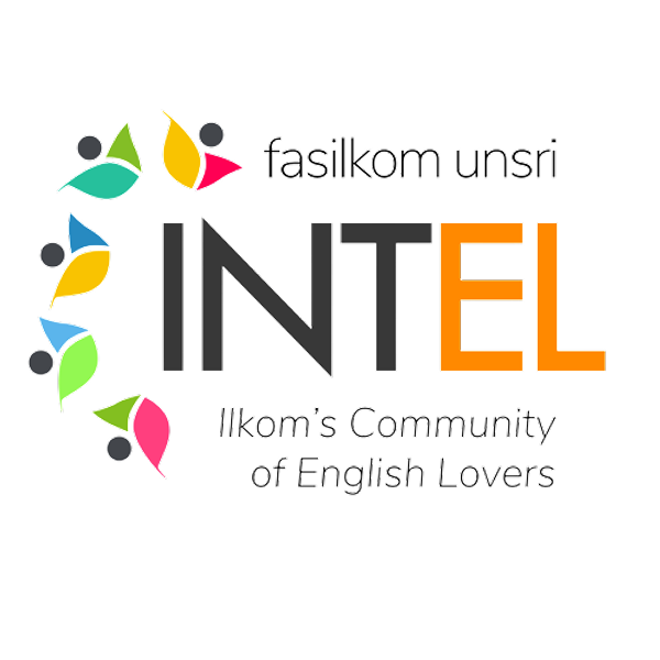 Intel logo with colorful leaves circle and text 'fasilkom unsri INTEL Ilkom's Community of English Lovers'